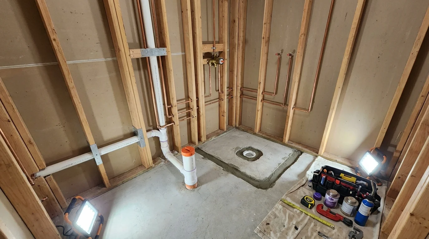 Bathroom rough-in plumbing during remodel by Johns Plumbing LLC in Horse Shoe