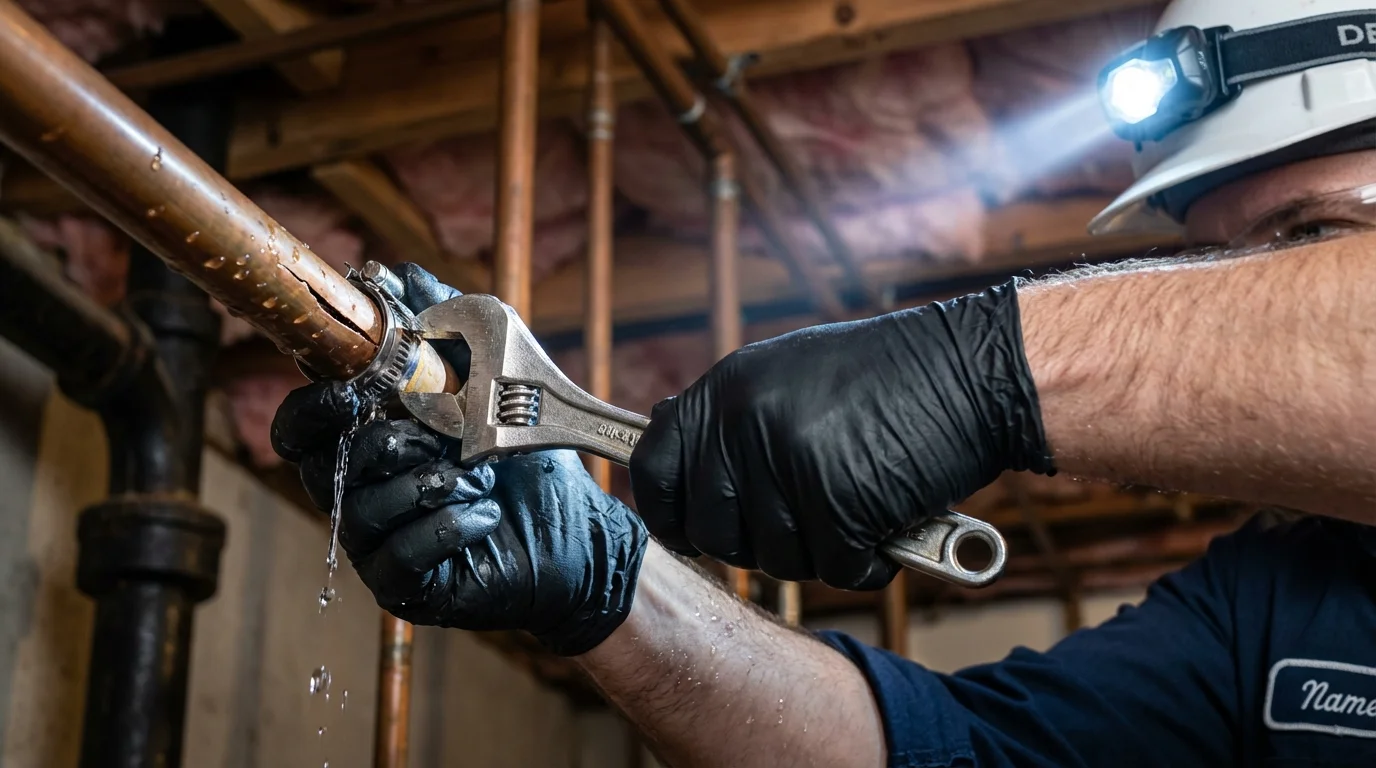 Emergency pipe clamp repair being performed by a Johns Plumbing LLC plumber in Horse Shoe