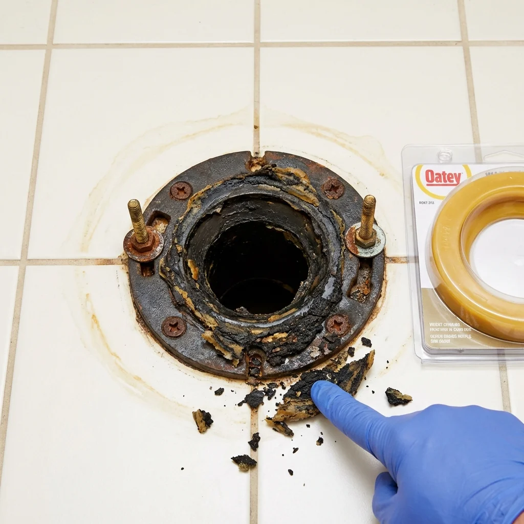 Failed wax ring showing water seepage at the base of a toilet in a Horse Shoe, NC home