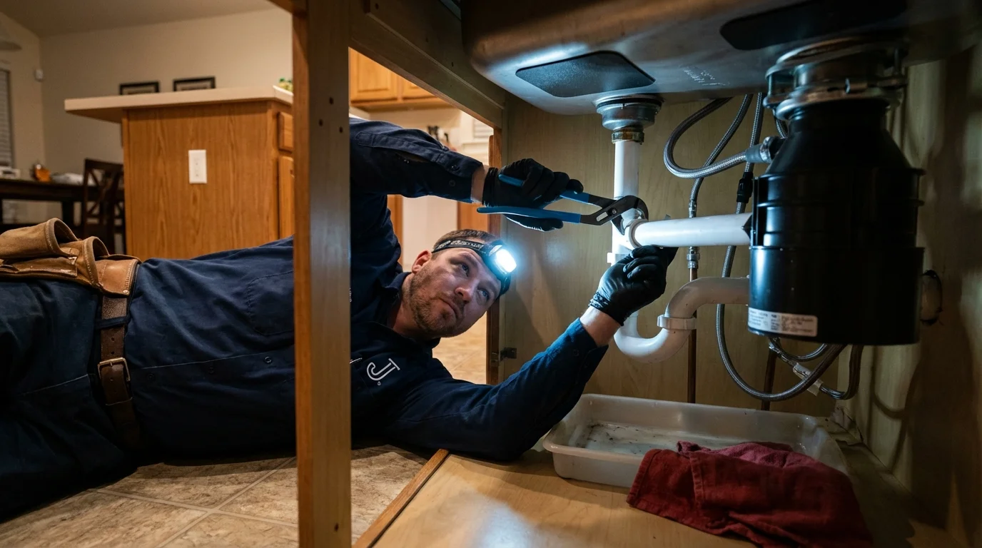 P-trap and supply line connections under a kitchen sink showing a common leak point in Horse Shoe, NC